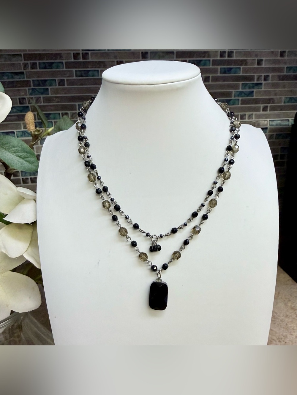 Double Strand Black Crystal Beaded Choker Necklace